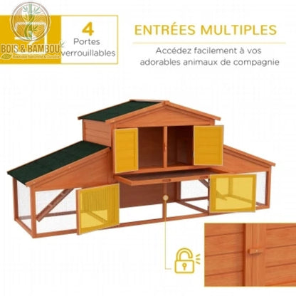 Clapier XXL en bois 4 portes verrouillables à loquet ouvertes