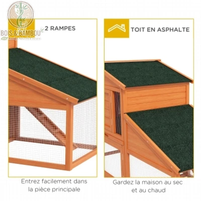 Clapier XXL en bois avec 2 rampes et toit bitumé incliné