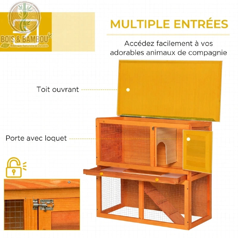 Clapier à lapin en bois multiples entrées avec porte à loquet métallique