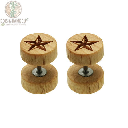 Paire de faux écarteurs clous d'oreilles bois naturel clair motif étoile gravée tige acier