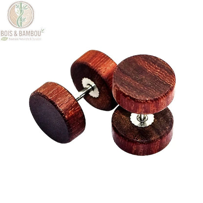 Paire de faux écarteurs clous d'oreilles bois naturel brun acajou uni tige acier inoxydable