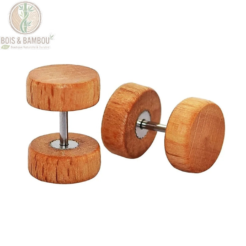 Paire de faux écarteurs clous d'oreilles bois naturel roux grain brut tige acier inoxydable