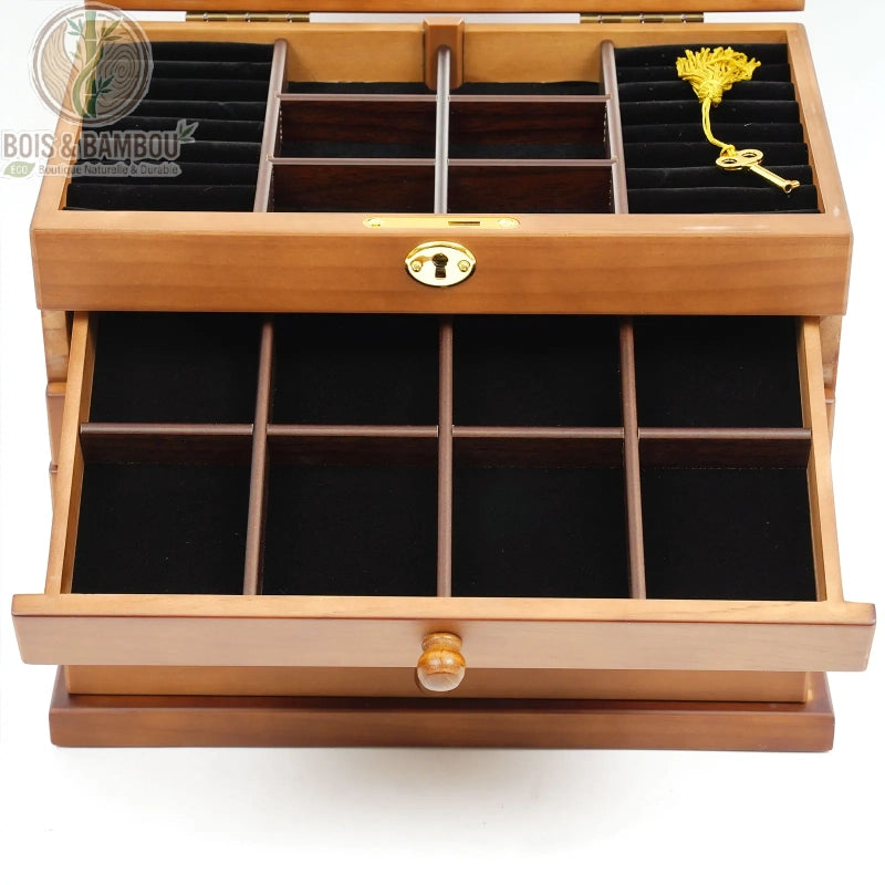 coffret bijoux bois 6 niveaux intérieur tiroir compartiments velours noir clé dorée incluse