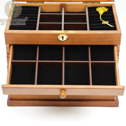 coffret bijoux bois 6 niveaux intérieur tiroir compartiments velours noir clé dorée incluse