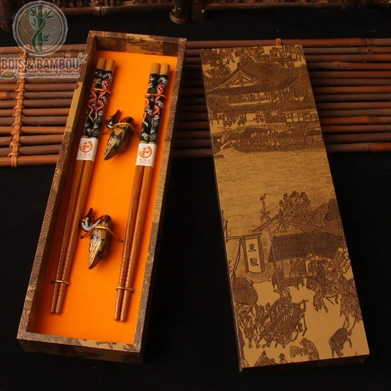 Coffret baguettes bambou peint modele A motif vintage, cadeau culturel, Bois et Bambou Eco