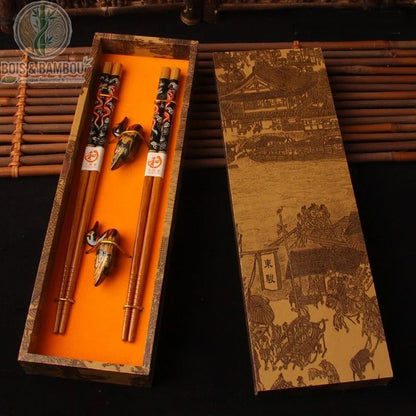 Coffret baguettes bambou peint modele A motif vintage, cadeau culturel, Bois et Bambou Eco