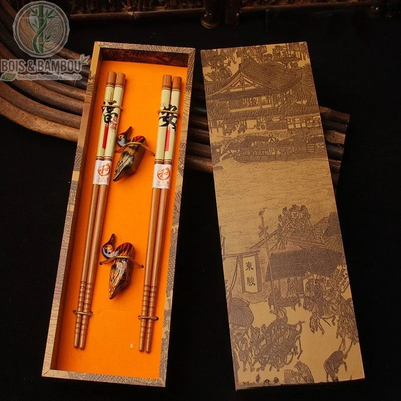 Coffret baguettes bambou peint modele B motif decoratif chinois, coffret luxe, Bois et Bambou Eco
