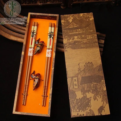 Coffret baguettes bambou peint modele B motif decoratif chinois, coffret luxe, Bois et Bambou Eco