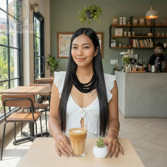 Collier africain multicouche en perles de bois noir porté par une femme dans un café, assise devant un latte et une petite plante grasse.