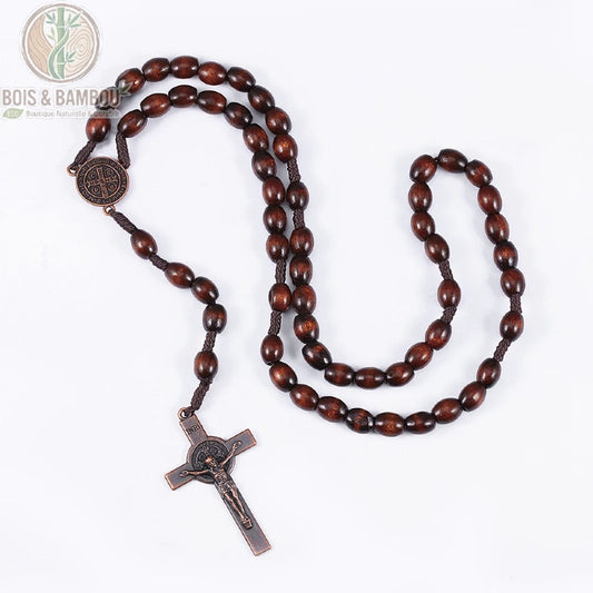 chapelet bois naturel pendentif croix fait main perles ovales brun foncé grande croix métal cuivré médaille