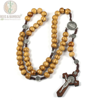 chapelet bois naturel fait main perles rondes bois veiné croix bicolore médailles argentées cordon brun