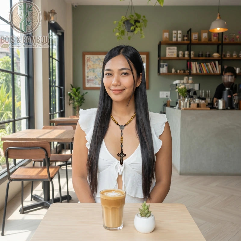 Collier chapelet en perles de bois avec croix porté par une femme dans un café, devant un latte et une petite plante.