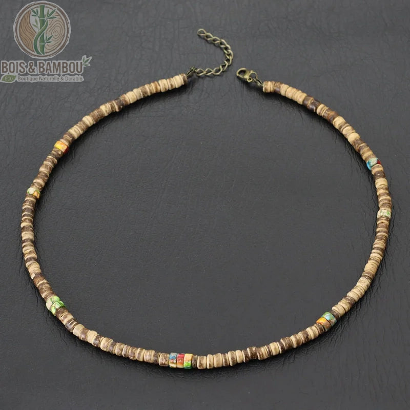 collier homme ras du cou perles coco bois naturel modèle 10 brun accents multicolores fermoir chaîne