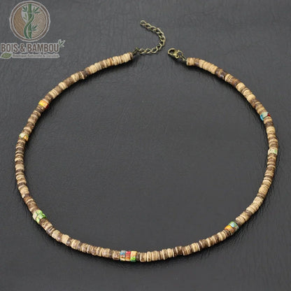 collier homme ras du cou perles coco bois naturel modèle 10 brun accents multicolores fermoir chaîne
