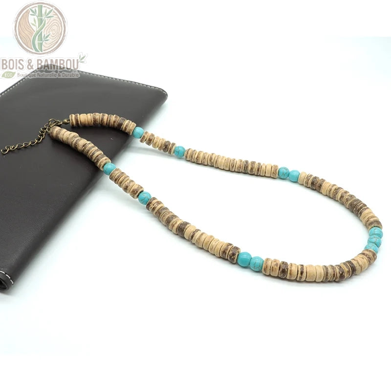 collier homme ras du cou perles coco bois naturel modèle 3 beige clair accents turquoise perles larges