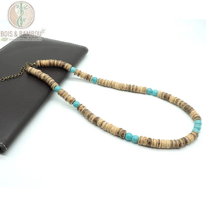 collier homme ras du cou perles coco bois naturel modèle 3 beige clair accents turquoise perles larges