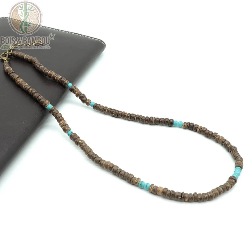 collier homme ras du cou perles coco bois naturel modèle 4 brun foncé accents turquoise perles fines