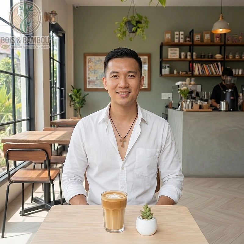 Collier croix en bois d'olivier porté par un homme souriant dans un café, assis devant un café latte et une petite plante.