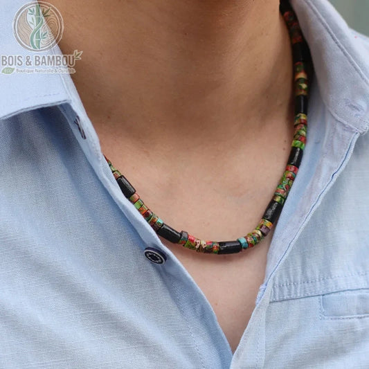 collier bois homme modèle 2 rondelles noires touches multicolores vives porté ras du cou