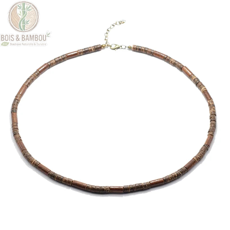 collier bois homme modèle 4 tubes brun rouge uniformes fermoir mousqueton doré fond blanc
