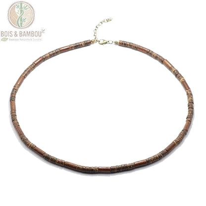 collier bois homme modèle 4 tubes brun rouge uniformes fermoir mousqueton doré fond blanc