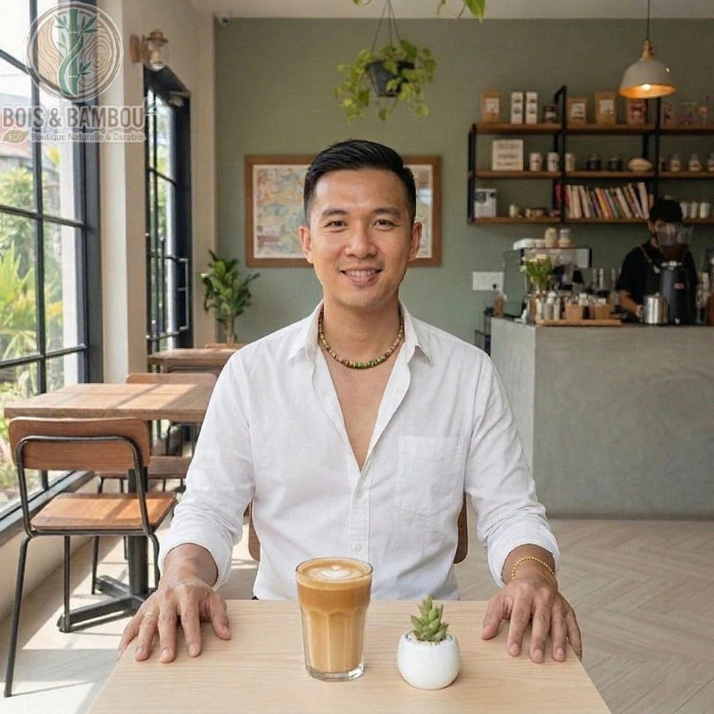 Collier en bois naturel pour homme avec perles colorées, porté par un client souriant dans un café devant un latte.