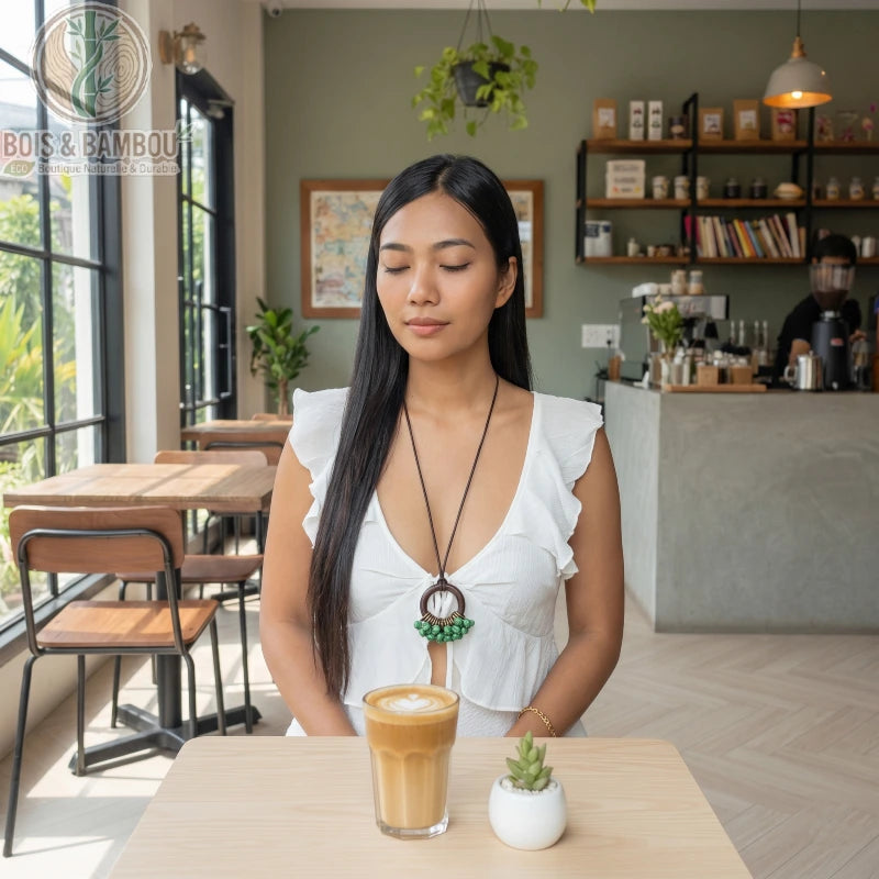 Collier en bois vintage avec pendentif circulaire et perles vertes porté par une femme méditant dans un café, devant un latte art.