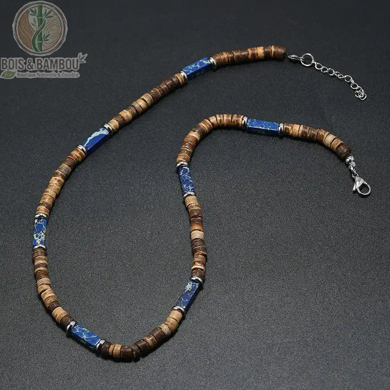 collier modèle 1 rondelles bois brun tubes lapis-lazuli bleu intense anneaux argent fond gris
