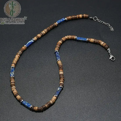 collier modèle 1 rondelles bois brun tubes lapis-lazuli bleu intense anneaux argent fond gris