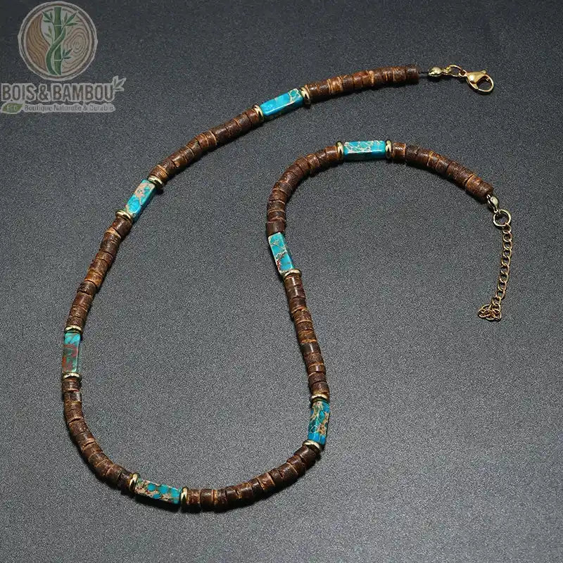 collier modèle 11 rondelles bois brun pierres turquoise bleue vive anneaux or fond gris