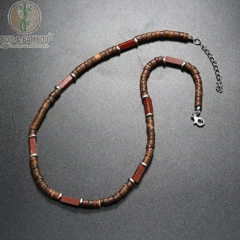 collier modèle 4 rondelles bois brun tubes jaspe rouge fermoir extension argent fond gris