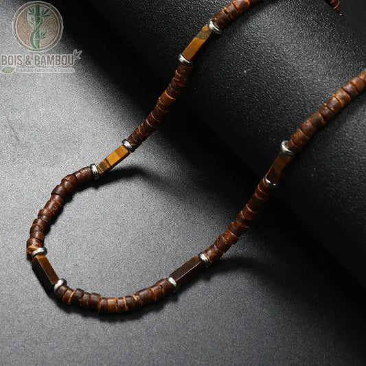 collier modèle 5 rondelles bois brun perles tubes oeil de tigre doré anneaux argent fond noir