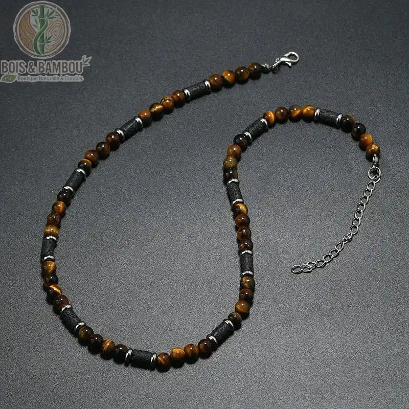 collier modèle 8 perles oeil de tigre brun doré tubes bois noir anneaux argent fond gris
