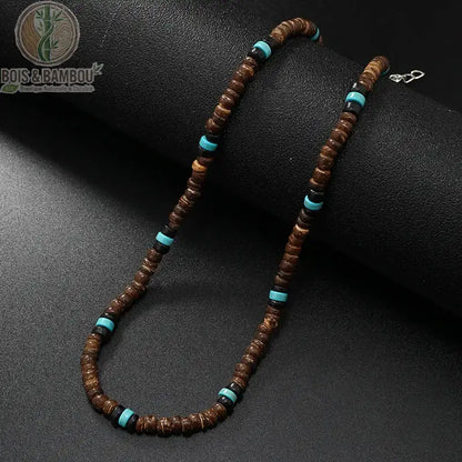 collier modèle 9 rondelles bois brun pierres turquoise rondes disques noirs intercalés fond noir
