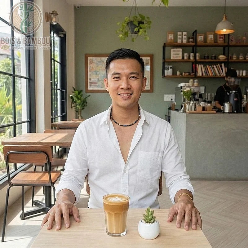 Collier en pierre naturelle et bois porté par un homme souriant dans un café, assis devant un café latte et une plante.