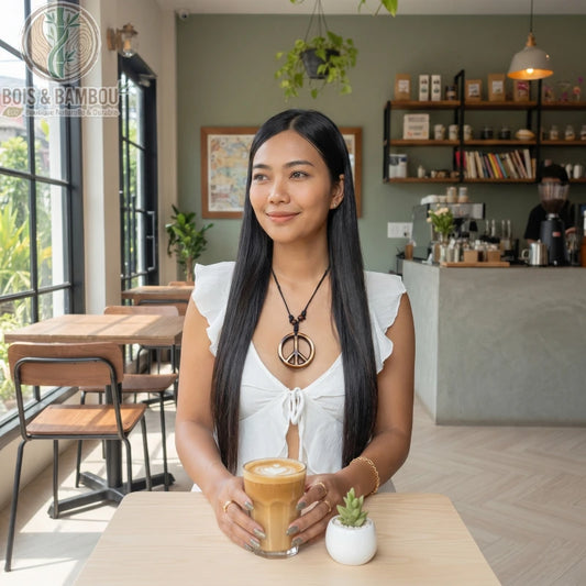 Collier ethnique Symbole de la Paix en bois porté par une femme dans un café, tenant un latte art entre ses mains.