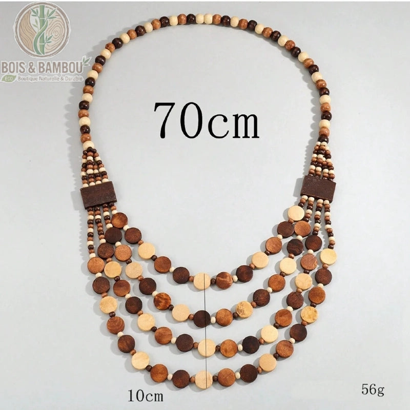 collier plastron perles bois 4 rangs dimensions 70 cm longueur 10 cm largeur plastron poids 56 g