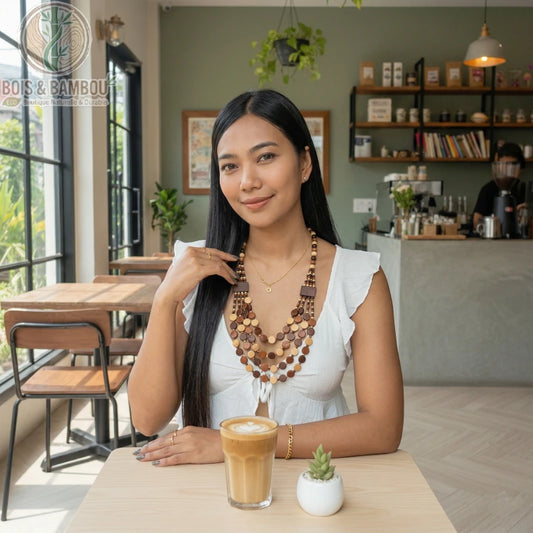 Collier ethnique bohème en perles de bois à plusieurs rangs porté par une femme dans un café, assise devant un latte et une plante miniature.