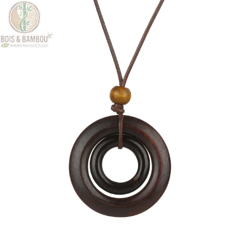 collier long bois vintage modèle 1 disque brun pendentif double anneau concentrique métal bronze