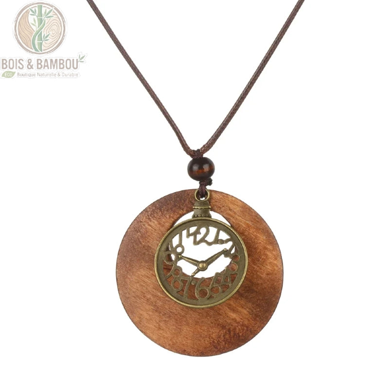 collier long bois vintage modèle 2 disque brun pendentif cadran horloge métal bronze cordon brun
