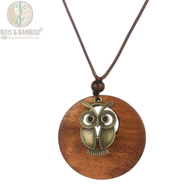collier long bois vintage modèle 3 disque bois brun pendentif hibou métal bronze cordon brun réglable