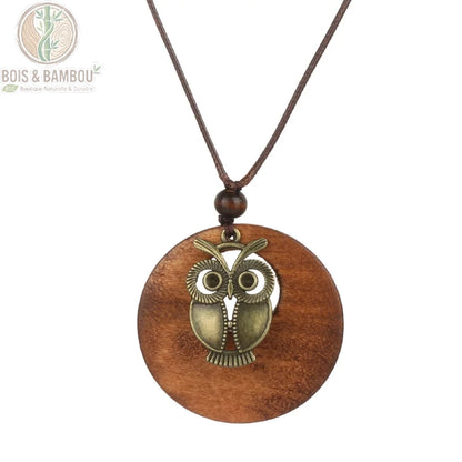 collier long bois vintage modèle 3 disque bois brun pendentif hibou métal bronze cordon brun réglable