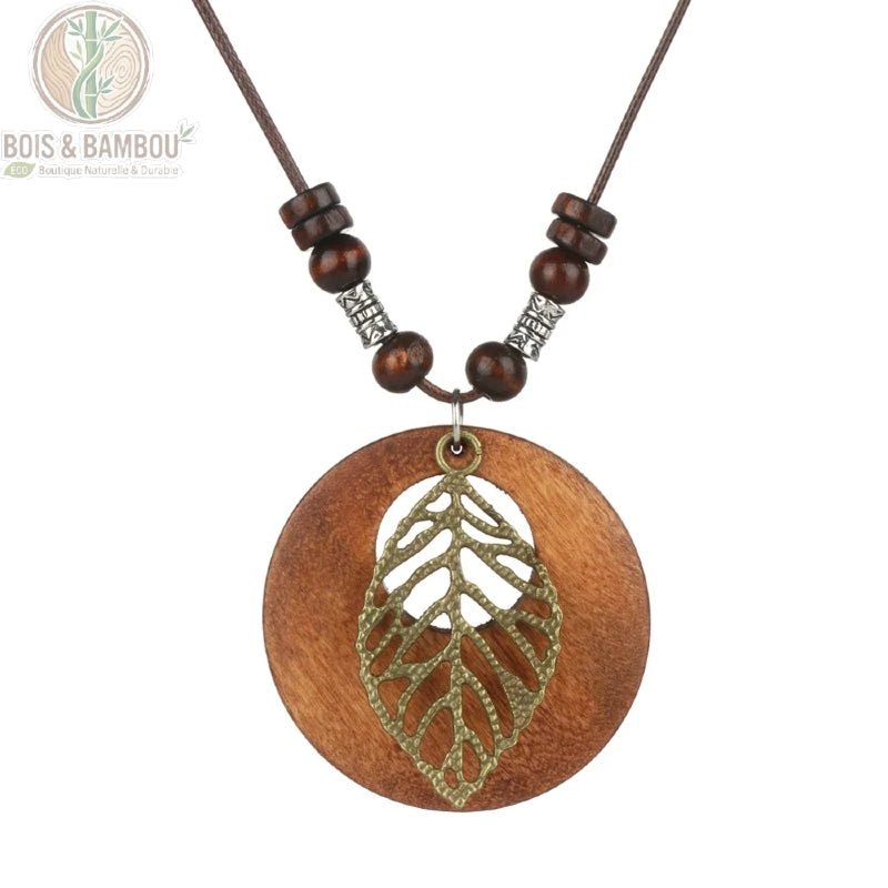 collier long bois vintage modèle 4 disque bois brun pendentif feuille nervurée ajourée métal bronze