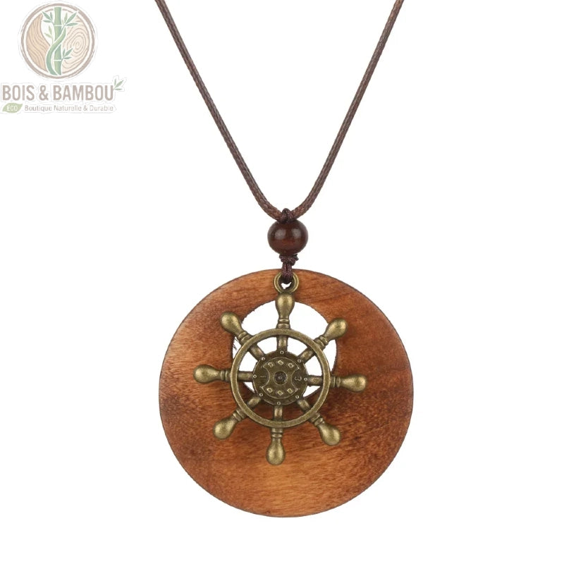 collier long bois vintage modèle 5 disque bois brun pendentif gouvernail métal bronze cordon brun