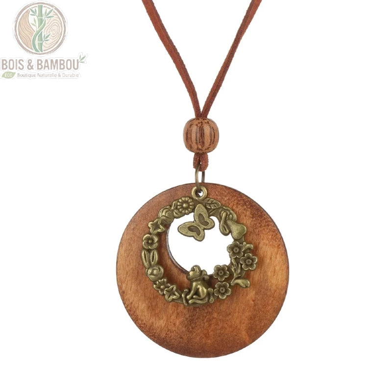 collier long bois vintage modèle 6 disque bois brun pendentif couronne florale papillon métal bronze