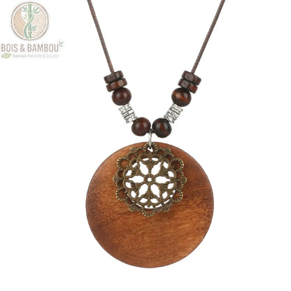 collier long bois vintage modèle 7 disque bois brun pendentif rosace ajourée métal bronze cordon brun