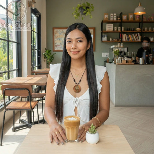Collier long avec pendentif en bois porté par une femme dans un café, devant un latte art et une petite plante décorative.
