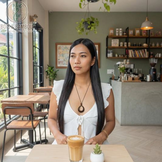 Collier long en bois creux porté par une femme dans un café, assise devant un latte art et une petite plante grasse.