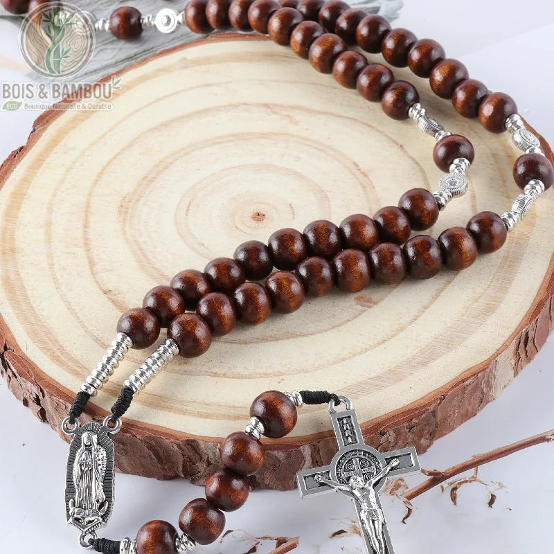 chapelet bois marron foncé perles rondes croix Saint-Benoît médaille Vierge métal argenté