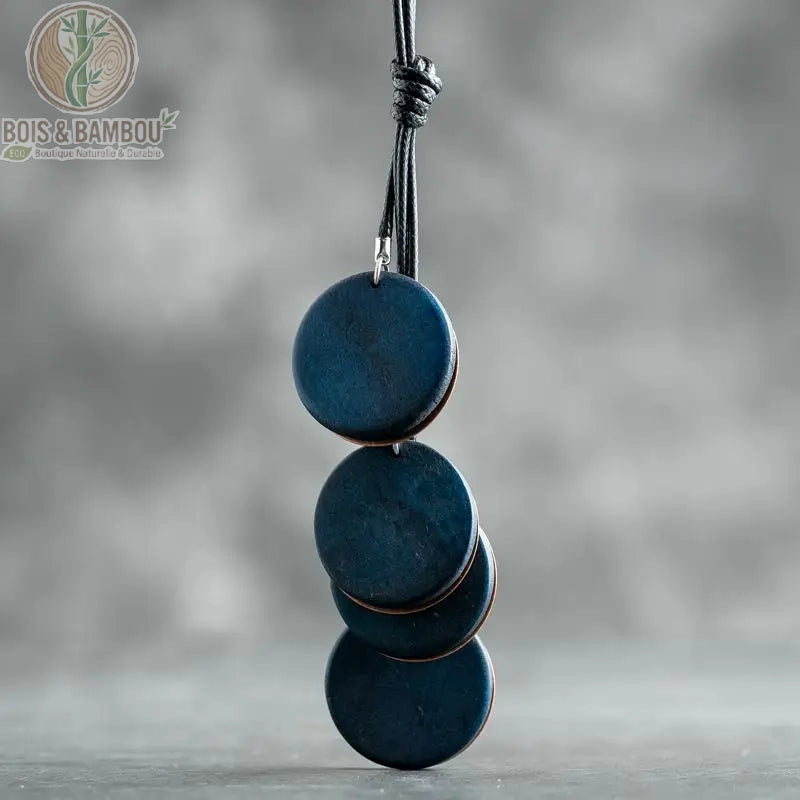 collier long bois vintage 4 disques colorés bleu pétrole mat en cascade sur cordon noir réglable